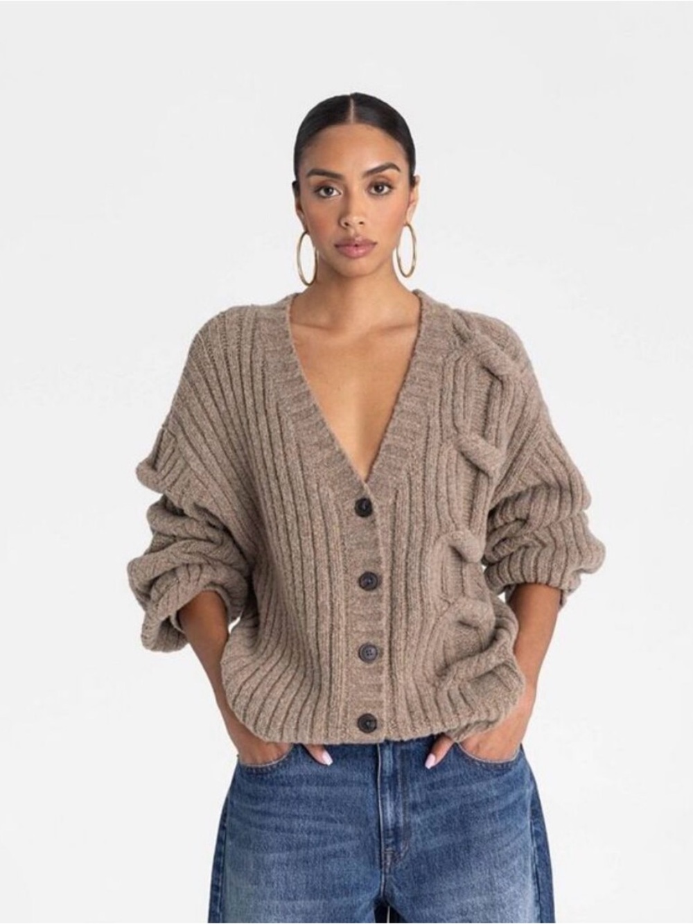 KBB by Kahlana- Women’s “The Cable Mix Cardi”- Tan Size Large